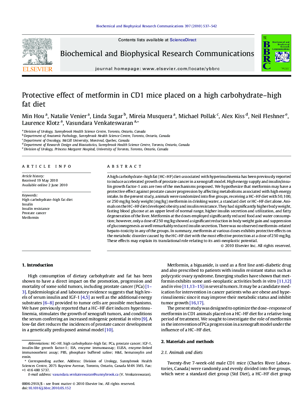 Protective effect of metformin in CD1 mice placed on a high carbohydrate–high fat diet