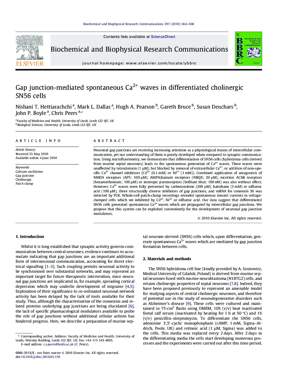 Gap junction-mediated spontaneous Ca2+ waves in differentiated cholinergic SN56 cells