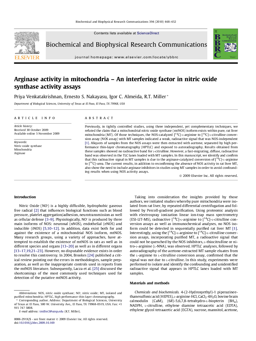 Arginase activity in mitochondria – An interfering factor in nitric oxide synthase activity assays