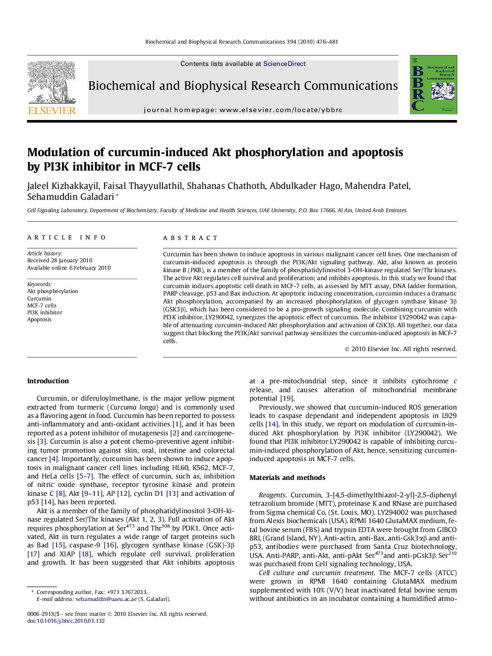 Modulation of curcumin-induced Akt phosphorylation and apoptosis by PI3K inhibitor in MCF-7 cells