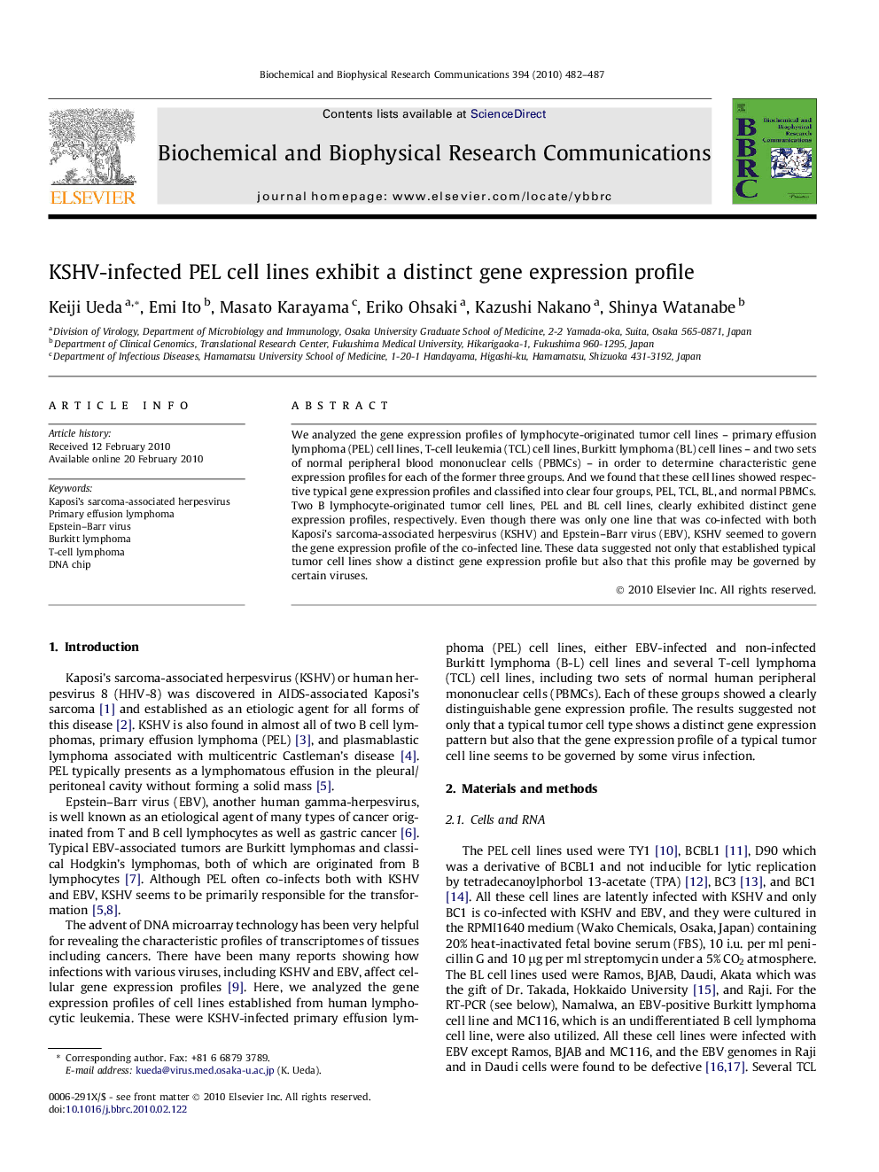 KSHV-infected PEL cell lines exhibit a distinct gene expression profile