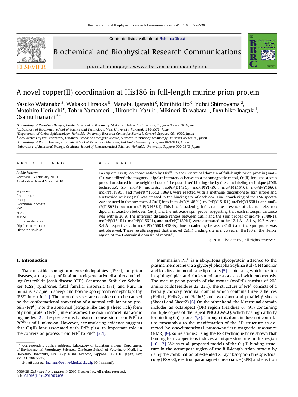 A novel copper(II) coordination at His186 in full-length murine prion protein