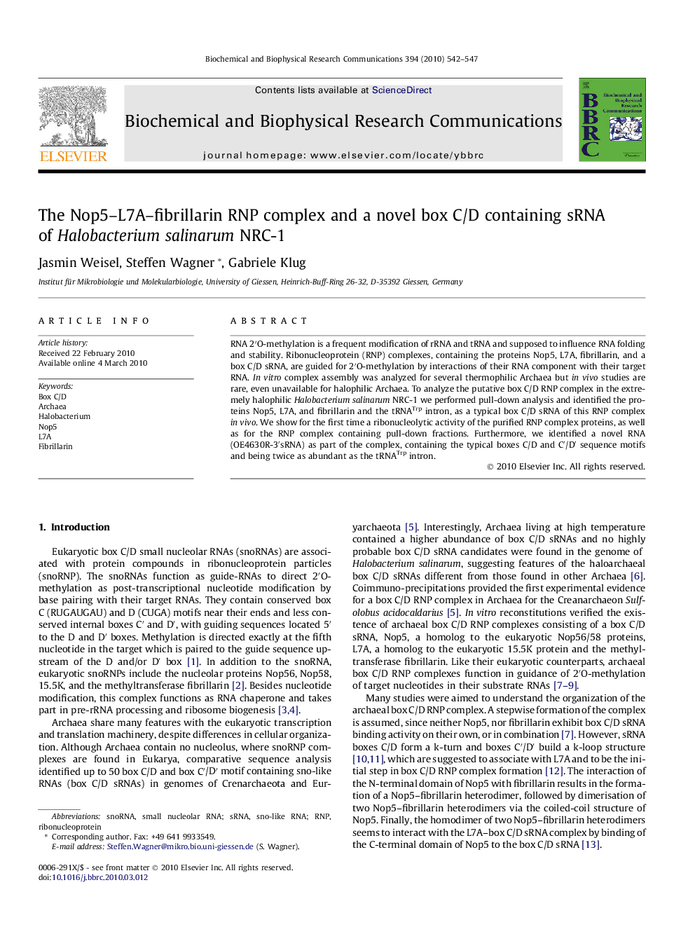 The Nop5–L7A–fibrillarin RNP complex and a novel box C/D containing sRNA of Halobacterium salinarum NRC-1