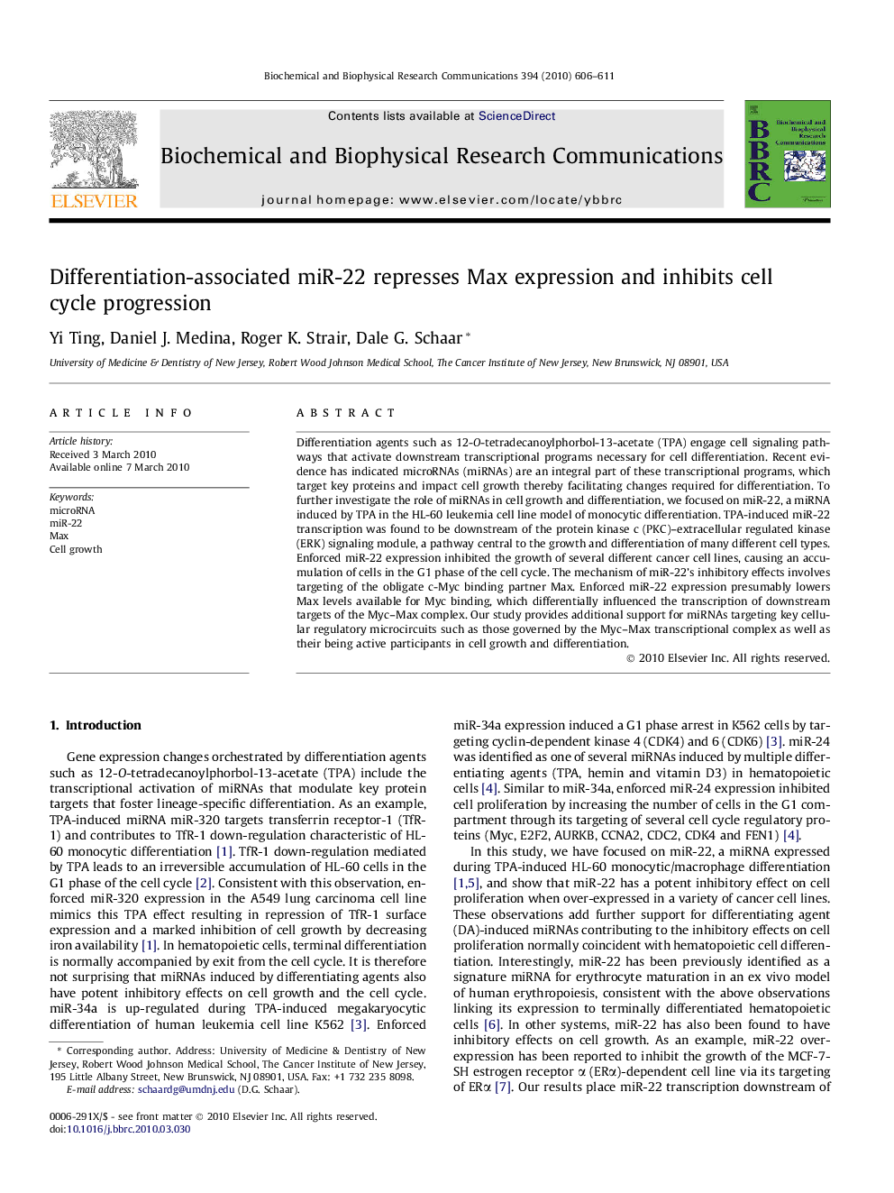 Differentiation-associated miR-22 represses Max expression and inhibits cell cycle progression