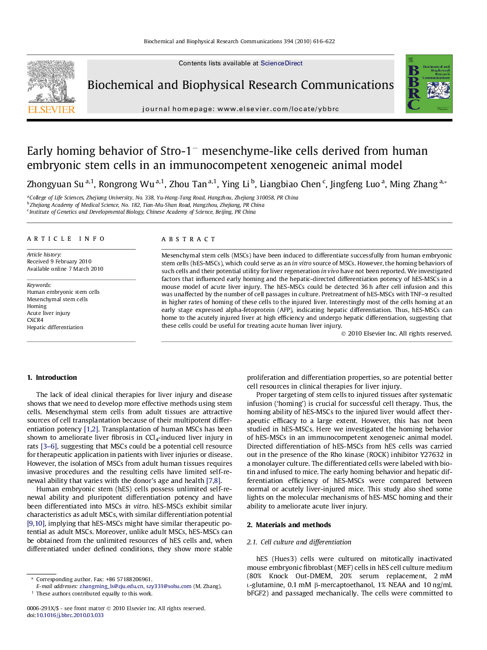 Early homing behavior of Stro-1− mesenchyme-like cells derived from human embryonic stem cells in an immunocompetent xenogeneic animal model