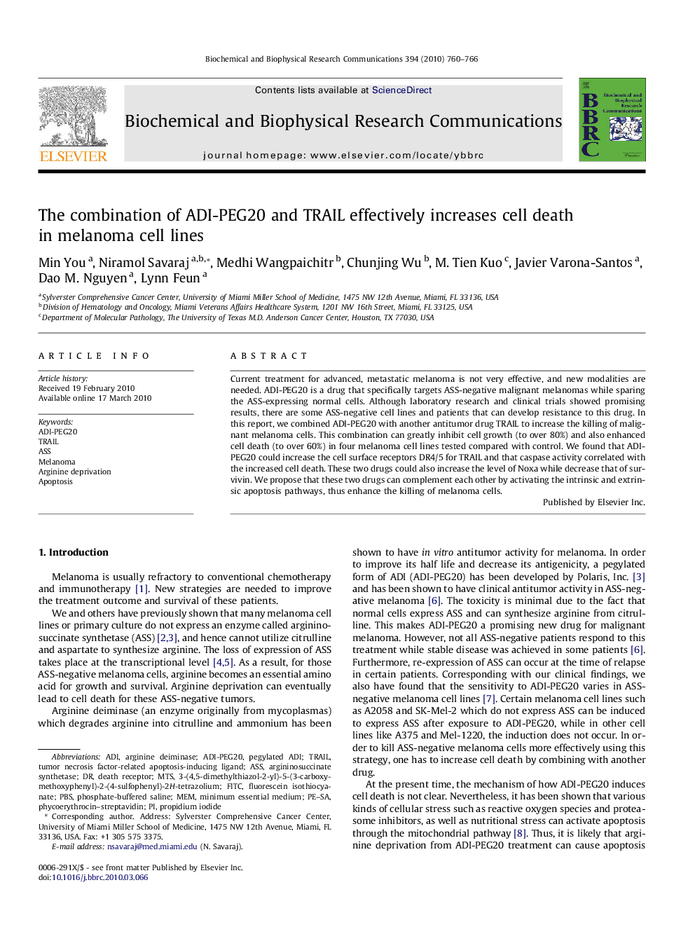 The combination of ADI-PEG20 and TRAIL effectively increases cell death in melanoma cell lines