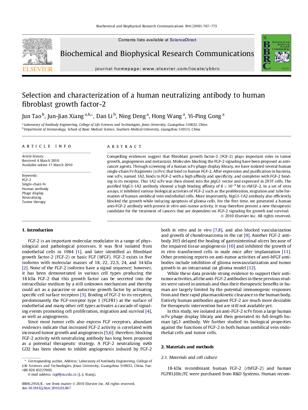 Selection and characterization of a human neutralizing antibody to human fibroblast growth factor-2