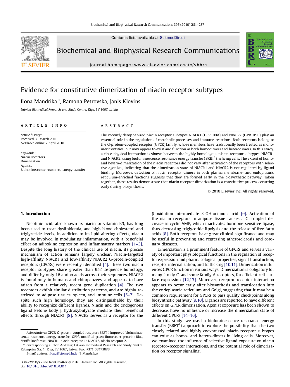 Evidence for constitutive dimerization of niacin receptor subtypes