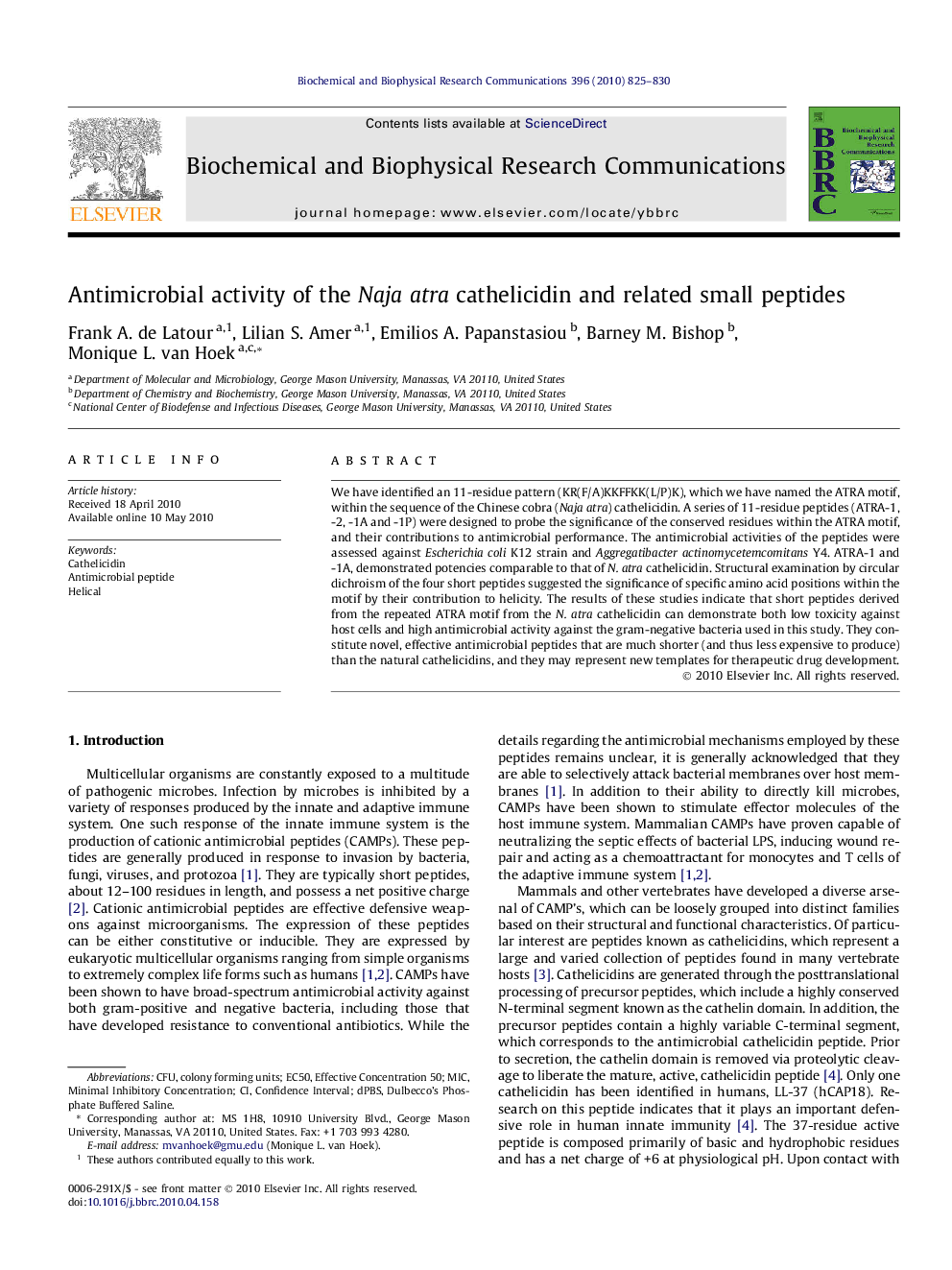 Antimicrobial activity of the Naja atra cathelicidin and related small peptides