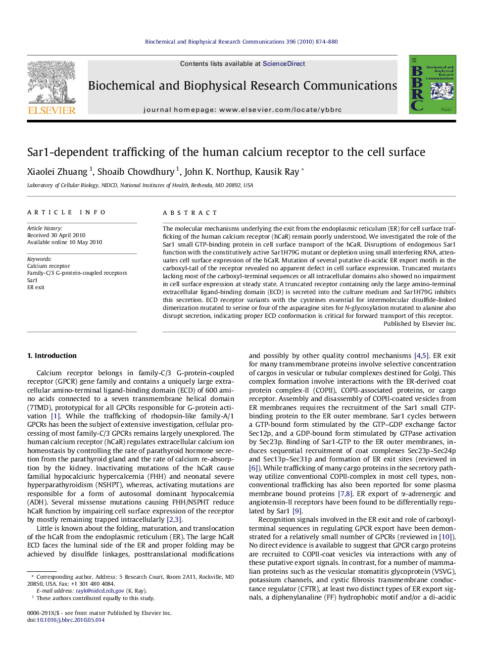 Sar1-dependent trafficking of the human calcium receptor to the cell surface