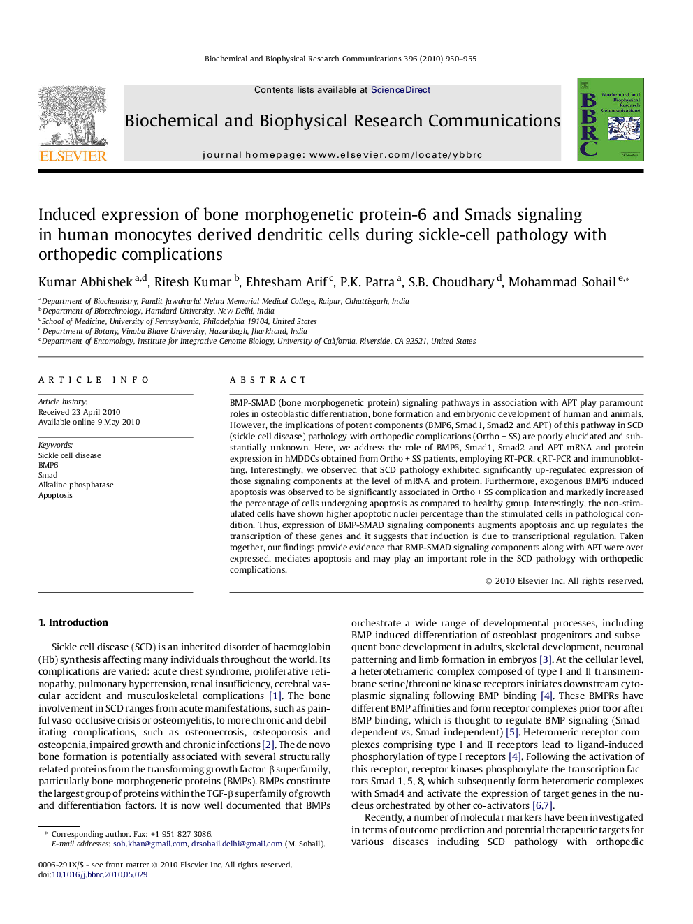 Induced expression of bone morphogenetic protein-6 and Smads signaling in human monocytes derived dendritic cells during sickle-cell pathology with orthopedic complications