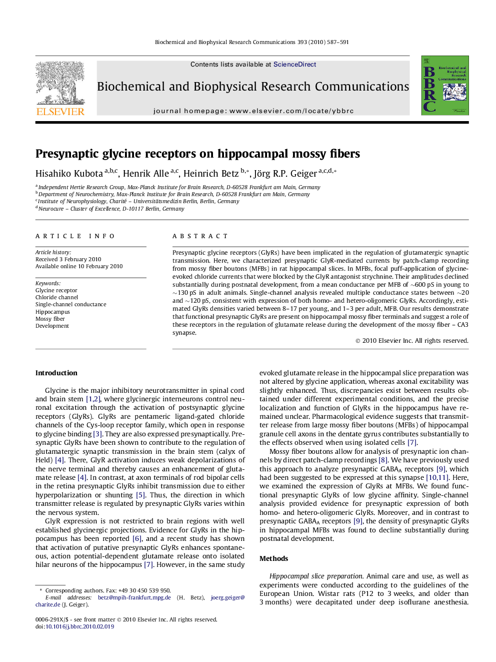 Presynaptic glycine receptors on hippocampal mossy fibers