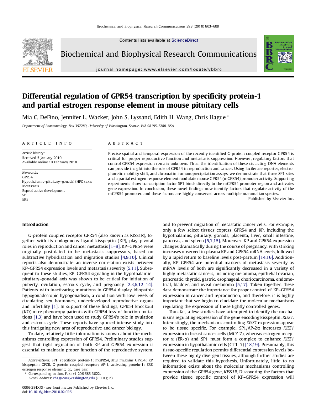 Differential regulation of GPR54 transcription by specificity protein-1 and partial estrogen response element in mouse pituitary cells