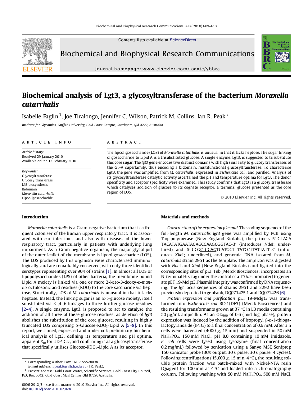 Biochemical analysis of Lgt3, a glycosyltransferase of the bacterium Moraxella catarrhalis