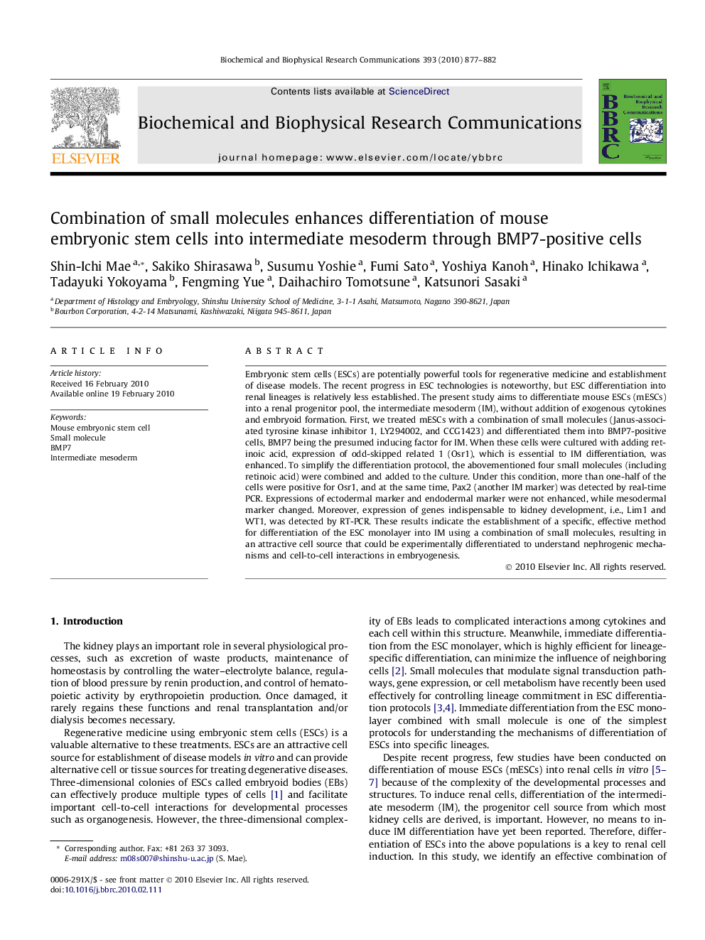 Combination of small molecules enhances differentiation of mouse embryonic stem cells into intermediate mesoderm through BMP7-positive cells