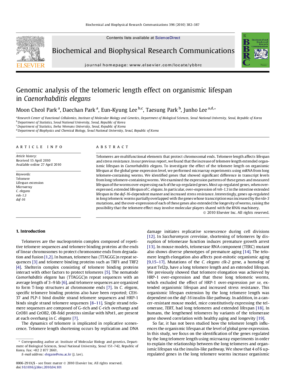 Genomic analysis of the telomeric length effect on organismic lifespan in Caenorhabditis elegans