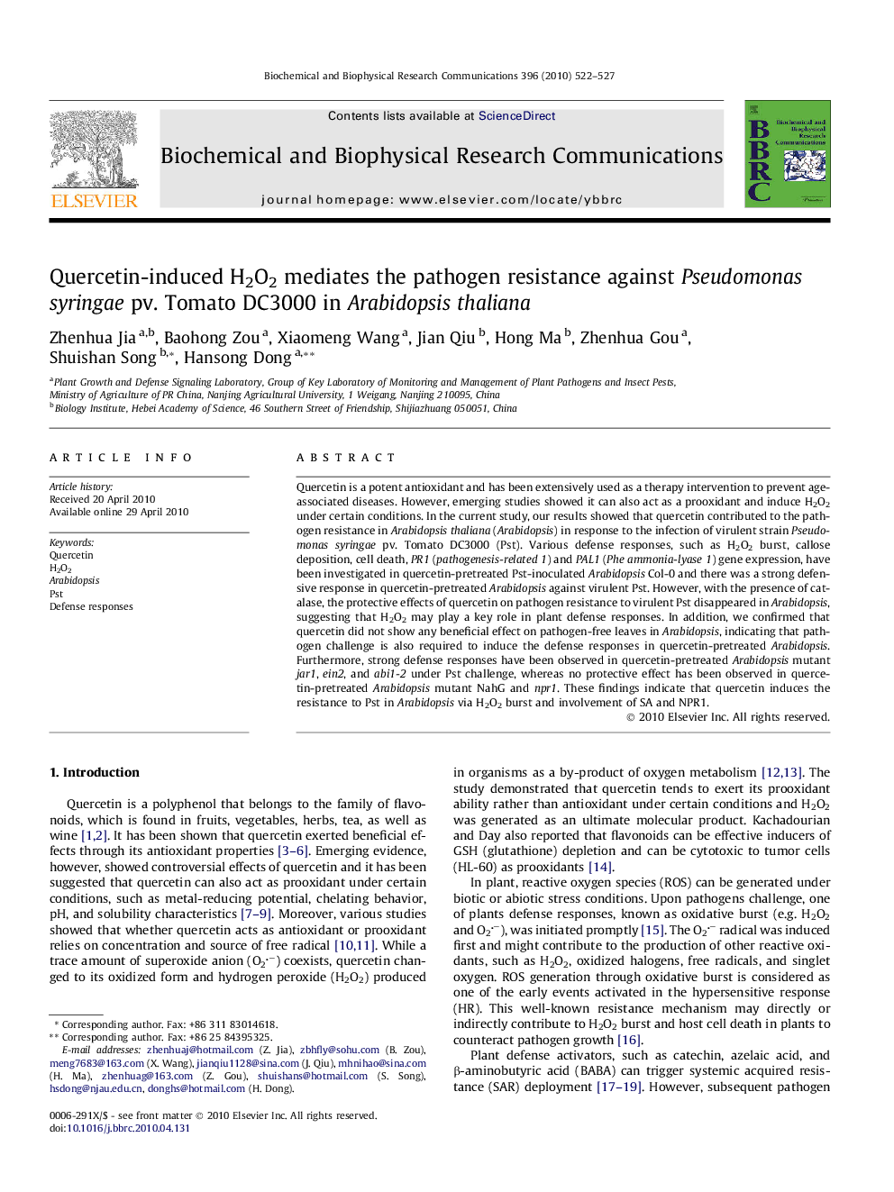 Quercetin-induced H2O2 mediates the pathogen resistance against Pseudomonas syringae pv. Tomato DC3000 in Arabidopsis thaliana