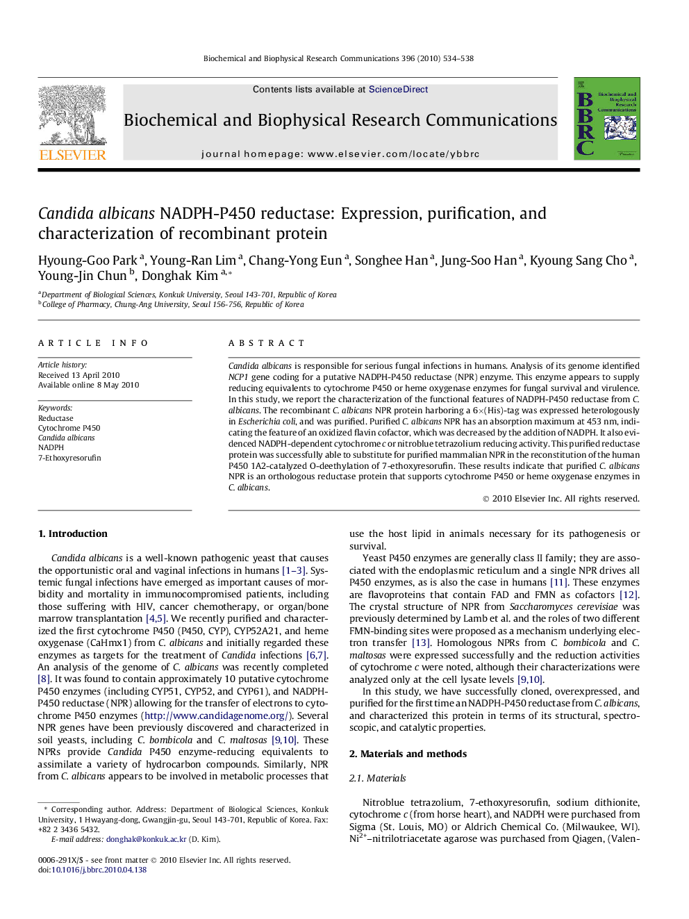 Candida albicans NADPH-P450 reductase: Expression, purification, and characterization of recombinant protein