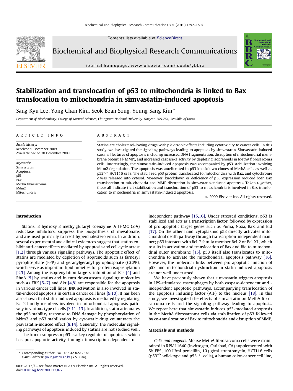 Stabilization and translocation of p53 to mitochondria is linked to Bax translocation to mitochondria in simvastatin-induced apoptosis