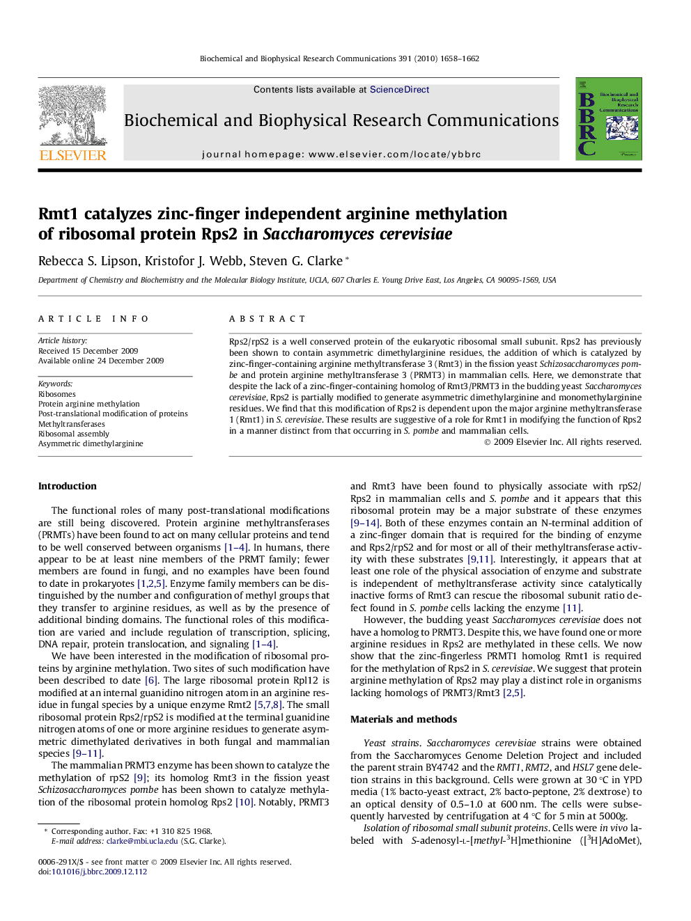 Rmt1 catalyzes zinc-finger independent arginine methylation of ribosomal protein Rps2 in Saccharomyces cerevisiae