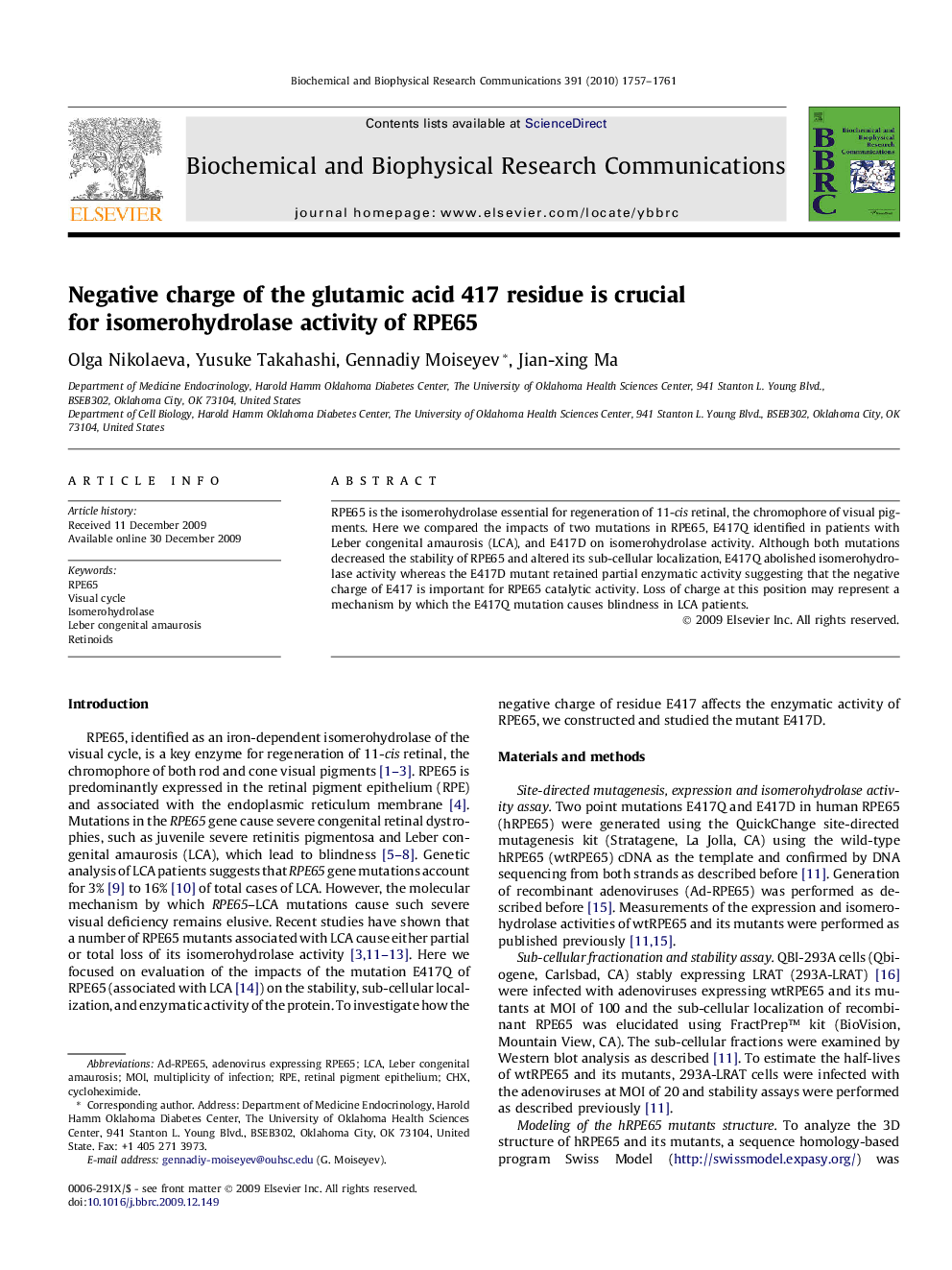 Negative charge of the glutamic acid 417 residue is crucial for isomerohydrolase activity of RPE65