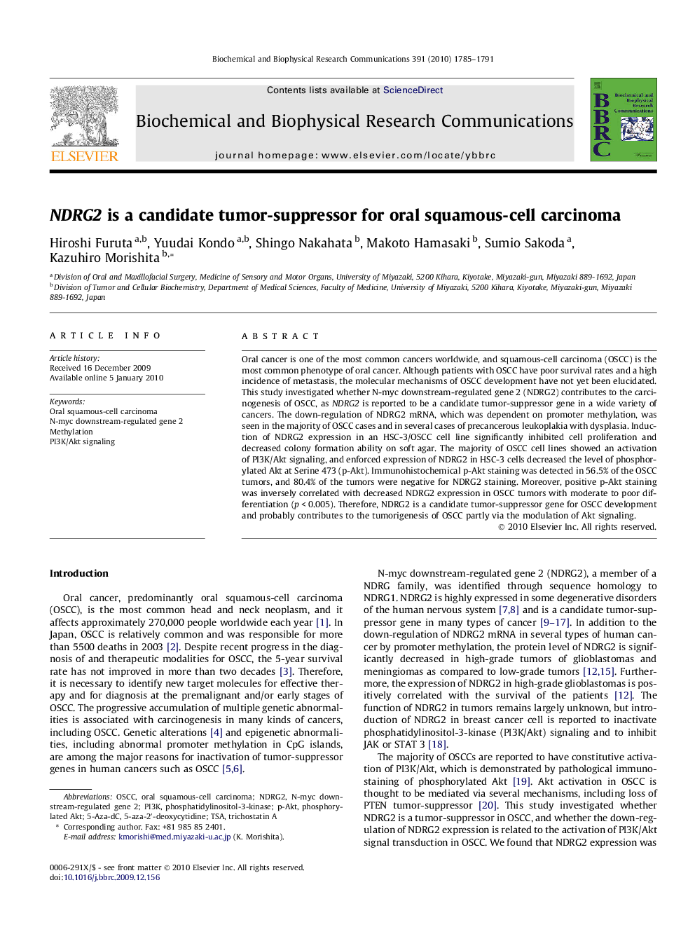 NDRG2 is a candidate tumor-suppressor for oral squamous-cell carcinoma