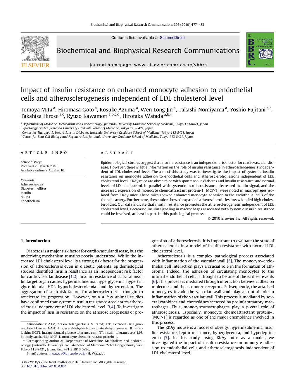 Impact of insulin resistance on enhanced monocyte adhesion to endothelial cells and atherosclerogenesis independent of LDL cholesterol level