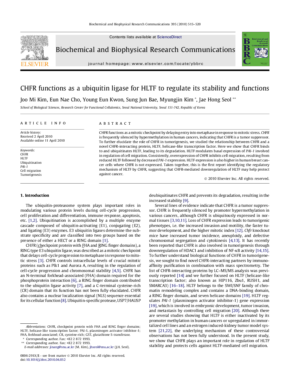 CHFR functions as a ubiquitin ligase for HLTF to regulate its stability and functions