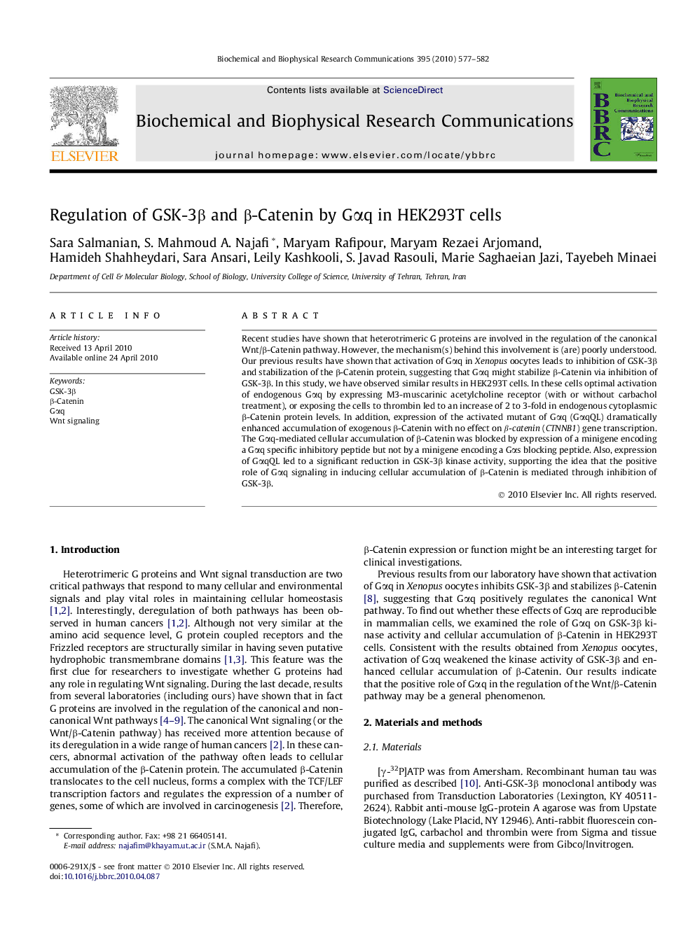 Regulation of GSK-3β and β-Catenin by Gαq in HEK293T cells