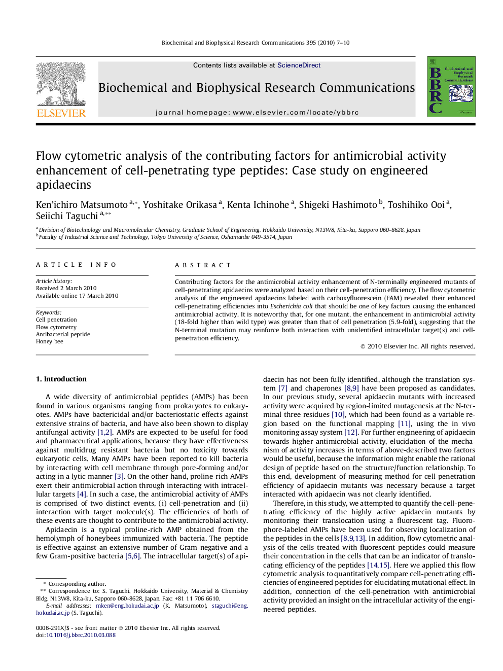 Flow cytometric analysis of the contributing factors for antimicrobial activity enhancement of cell-penetrating type peptides: Case study on engineered apidaecins