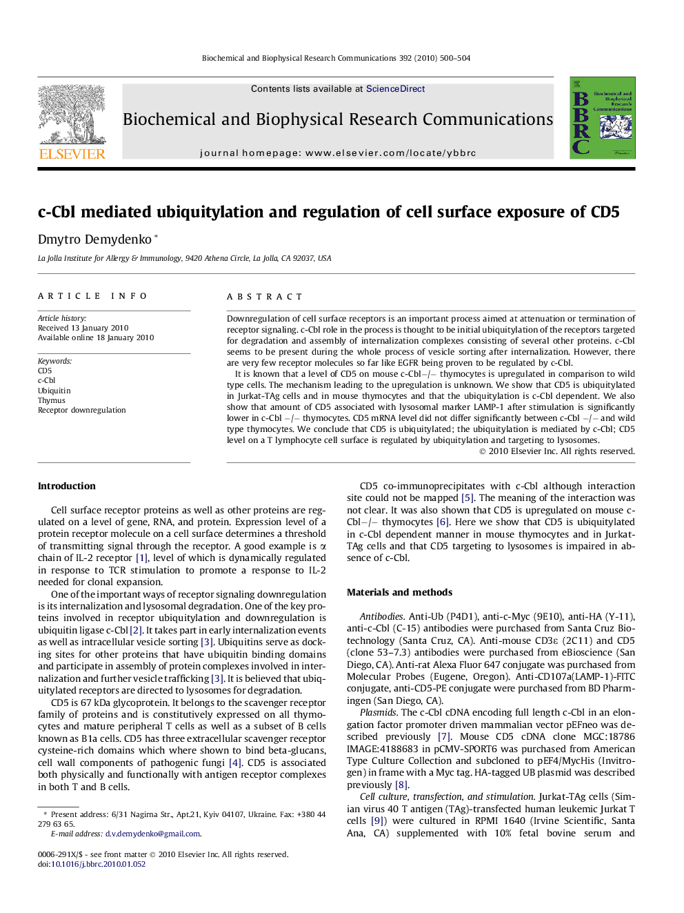 c-Cbl mediated ubiquitylation and regulation of cell surface exposure of CD5