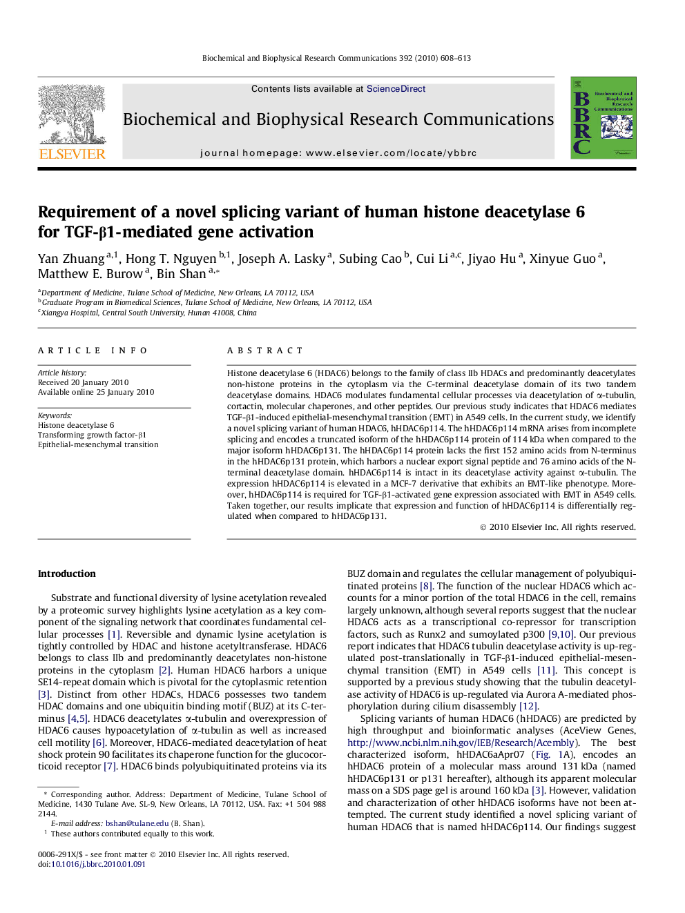 Requirement of a novel splicing variant of human histone deacetylase 6 for TGF-β1-mediated gene activation