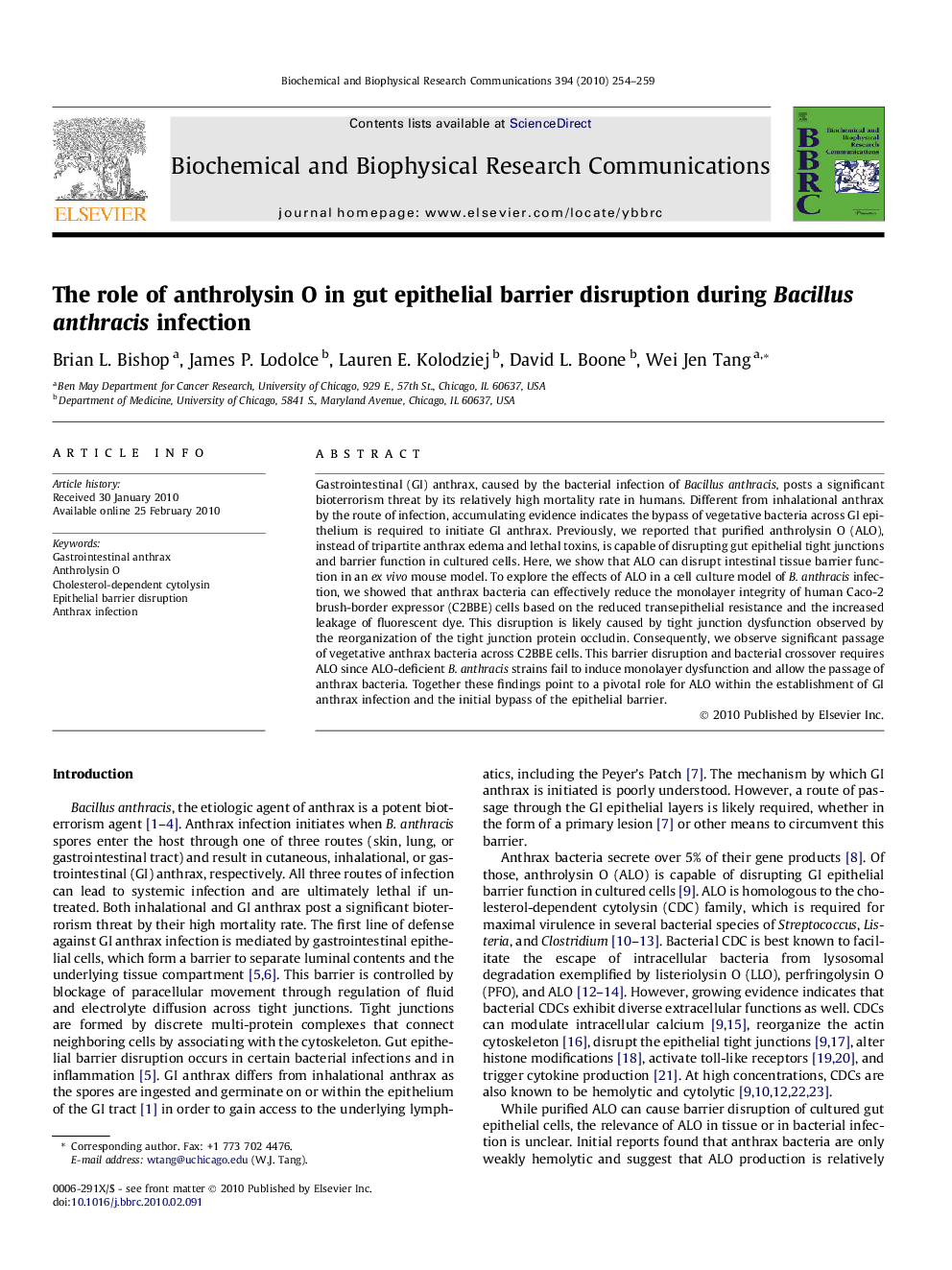 The role of anthrolysin O in gut epithelial barrier disruption during Bacillus anthracis infection