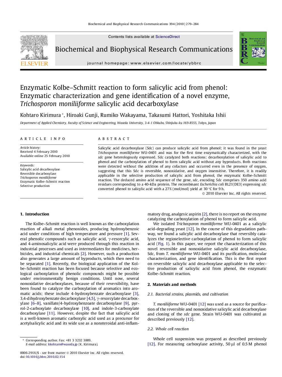 Enzymatic Kolbe–Schmitt reaction to form salicylic acid from phenol: Enzymatic characterization and gene identification of a novel enzyme, Trichosporon moniliiforme salicylic acid decarboxylase