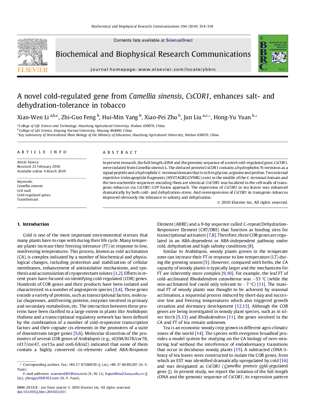 A novel cold-regulated gene from Camellia sinensis, CsCOR1, enhances salt- and dehydration-tolerance in tobacco