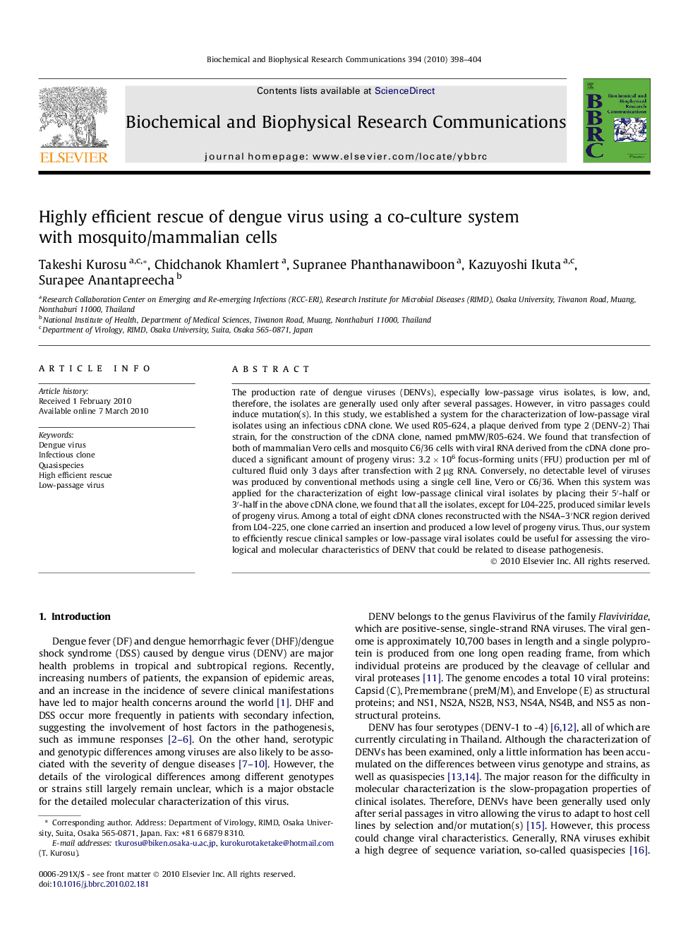 Highly efficient rescue of dengue virus using a co-culture system with mosquito/mammalian cells