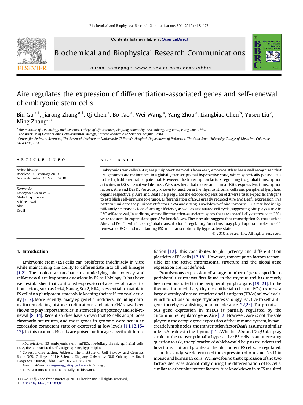 Aire regulates the expression of differentiation-associated genes and self-renewal of embryonic stem cells