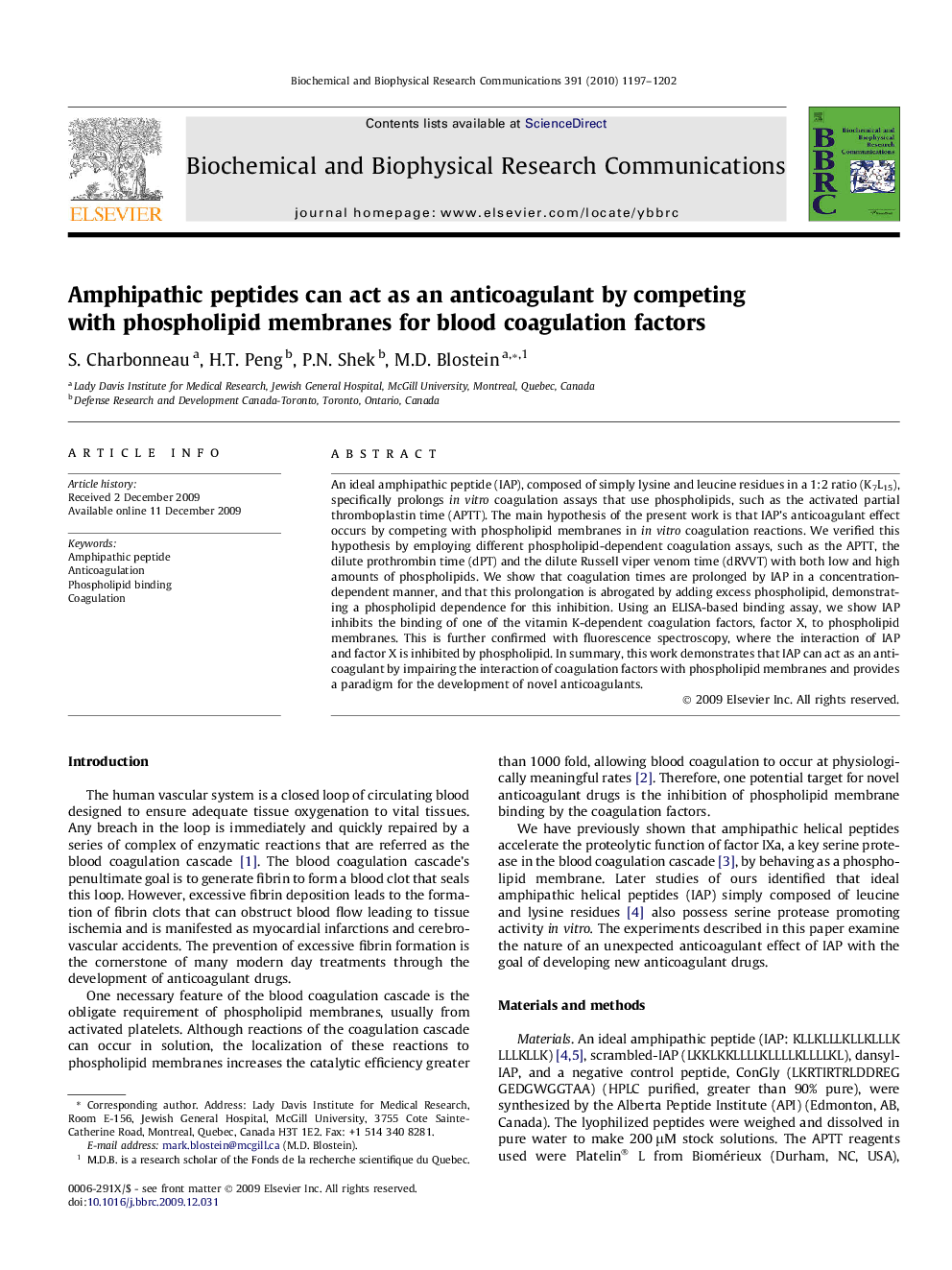 Amphipathic peptides can act as an anticoagulant by competing with phospholipid membranes for blood coagulation factors