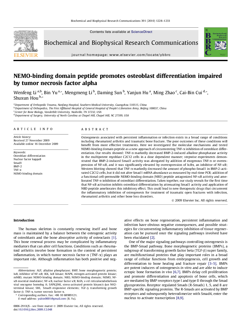 NEMO-binding domain peptide promotes osteoblast differentiation impaired by tumor necrosis factor alpha