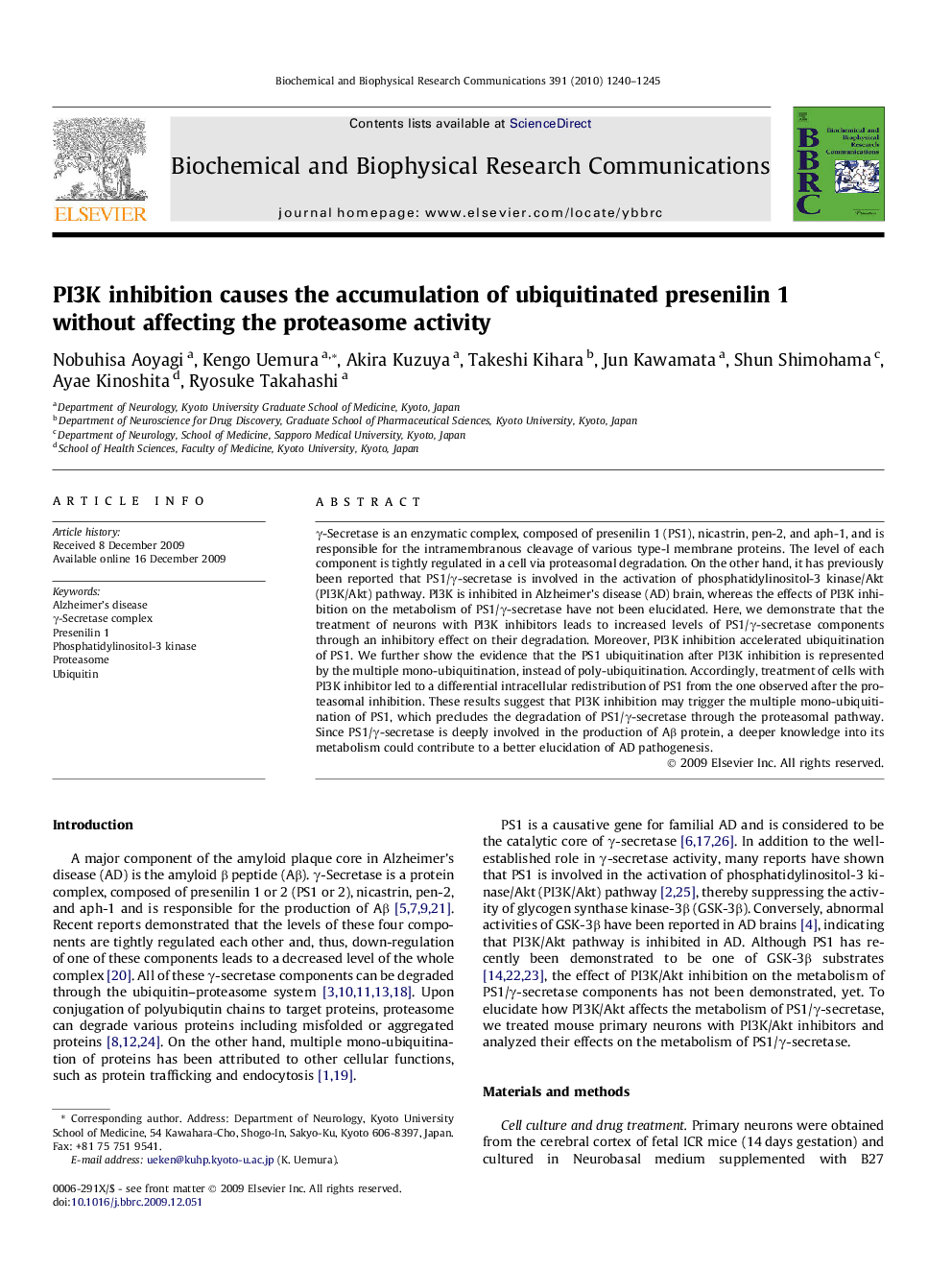 PI3K inhibition causes the accumulation of ubiquitinated presenilin 1 without affecting the proteasome activity