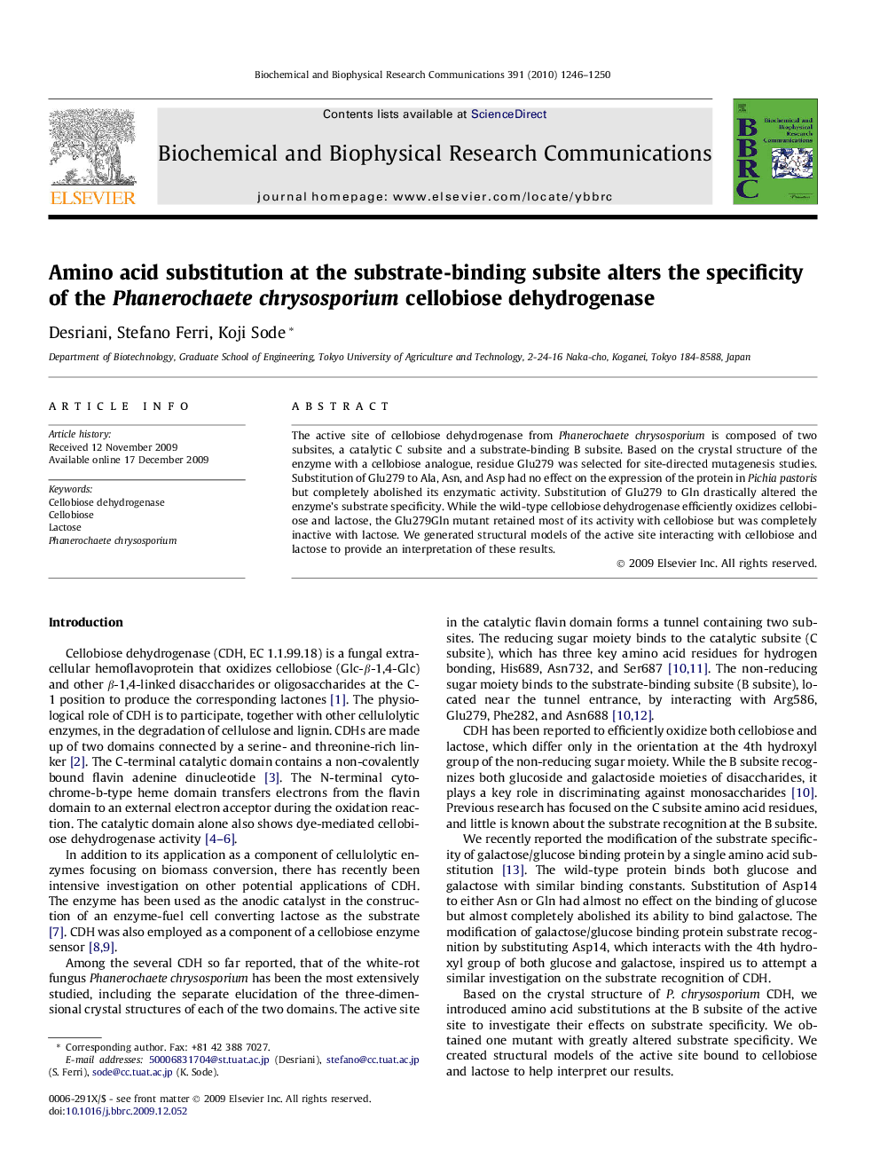 Amino acid substitution at the substrate-binding subsite alters the specificity of the Phanerochaete chrysosporium cellobiose dehydrogenase