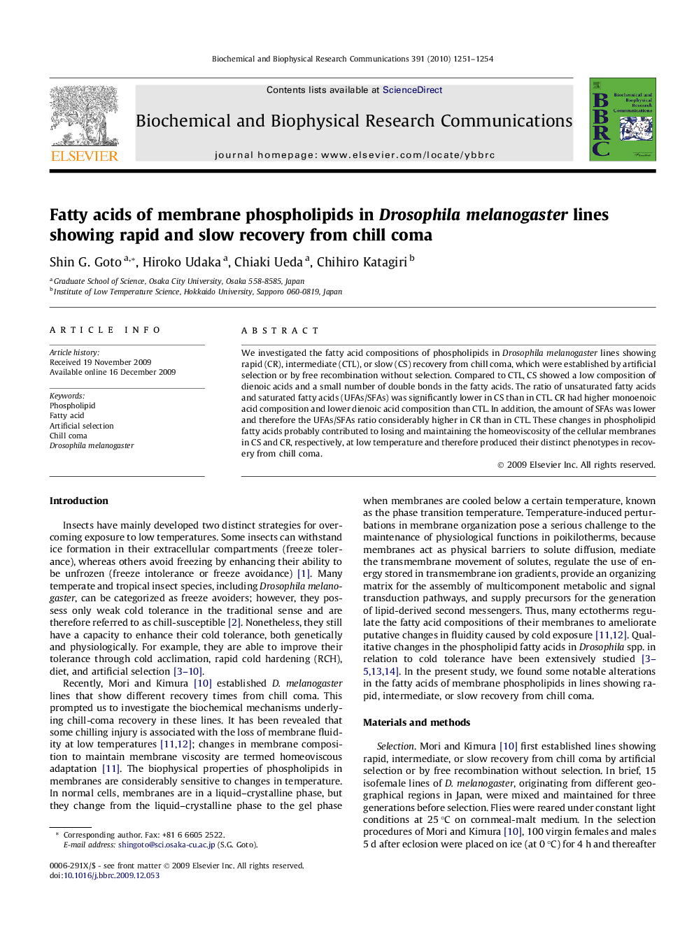 Fatty acids of membrane phospholipids in Drosophila melanogaster lines showing rapid and slow recovery from chill coma