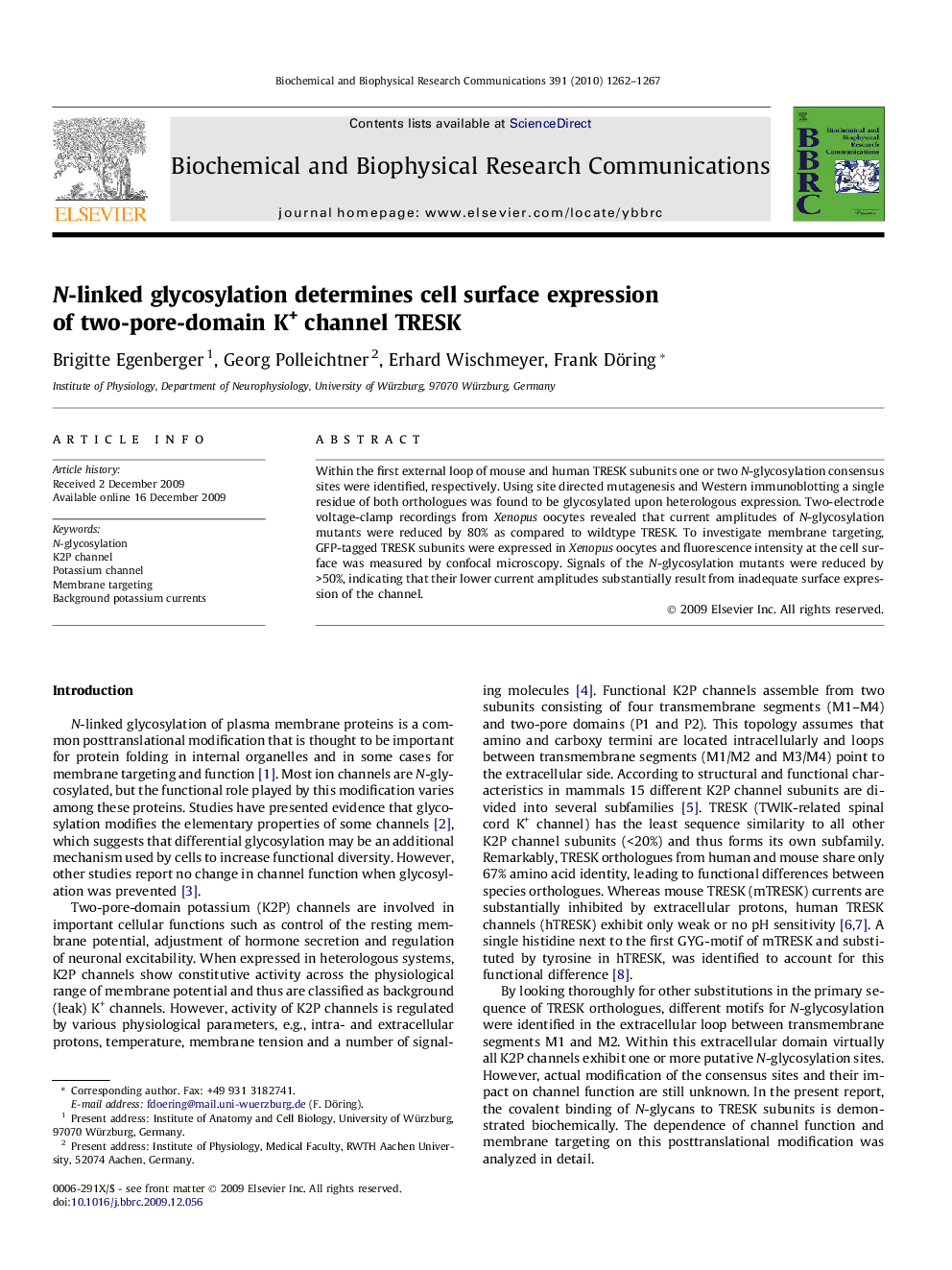 N-linked glycosylation determines cell surface expression of two-pore-domain K+ channel TRESK