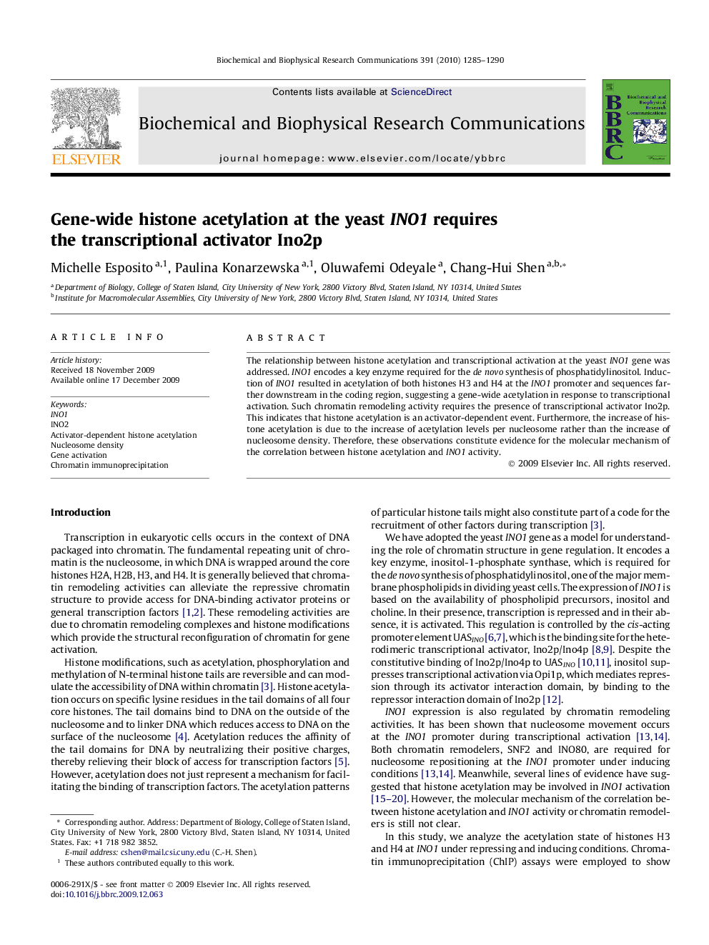 Gene-wide histone acetylation at the yeast INO1 requires the transcriptional activator Ino2p