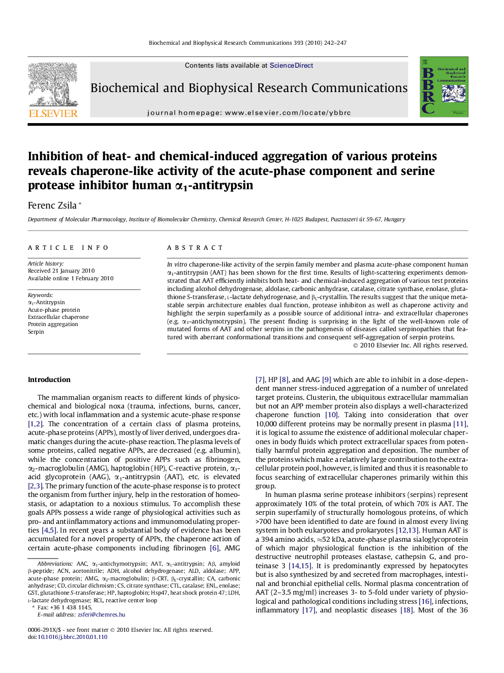 Inhibition of heat- and chemical-induced aggregation of various proteins reveals chaperone-like activity of the acute-phase component and serine protease inhibitor human α1-antitrypsin