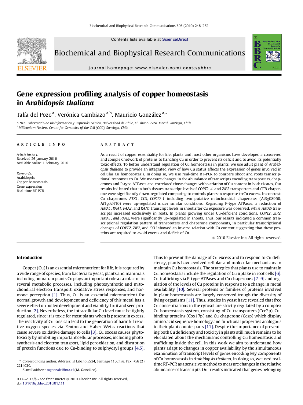 Gene expression profiling analysis of copper homeostasis in Arabidopsis thaliana