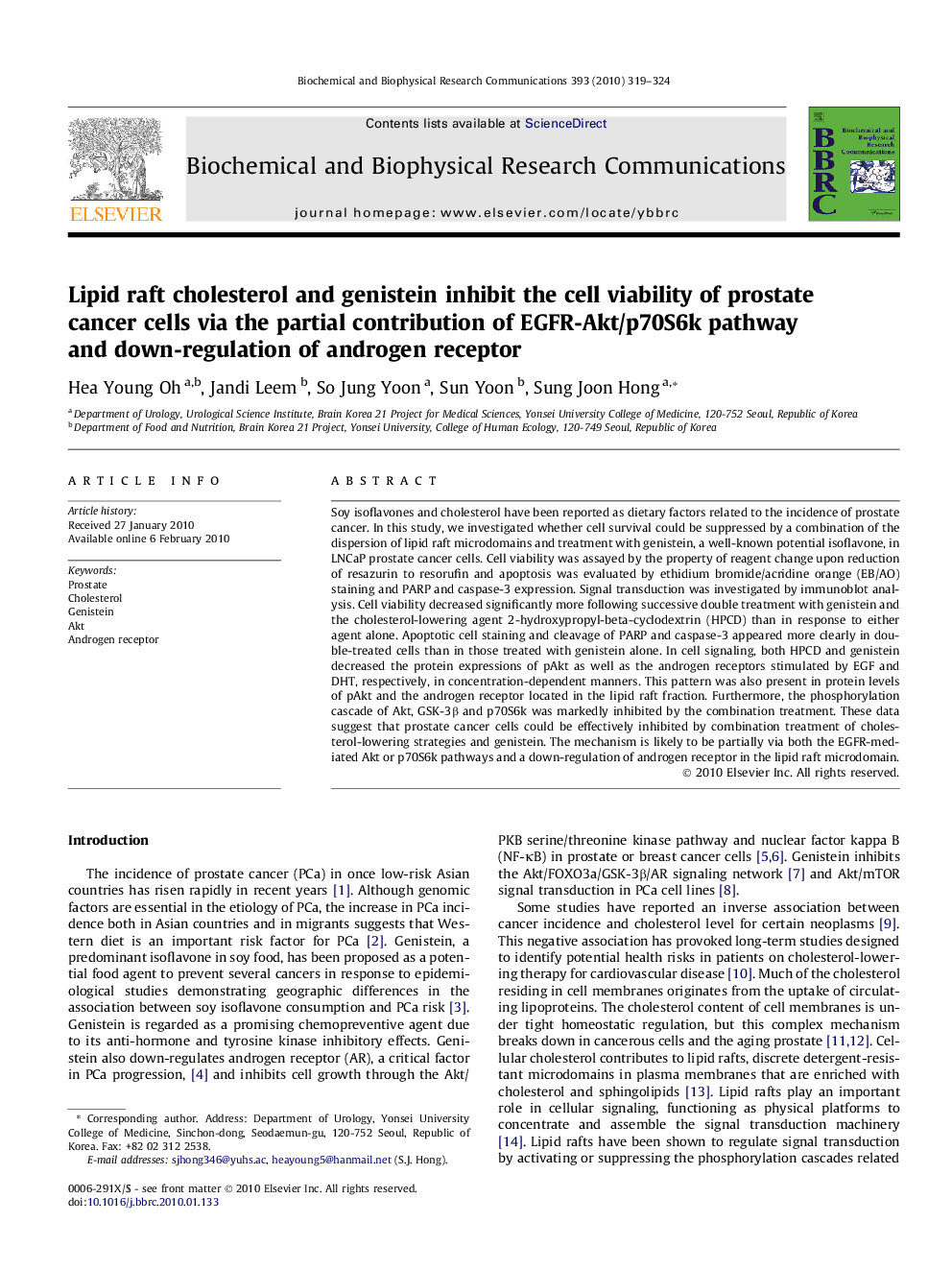 Lipid raft cholesterol and genistein inhibit the cell viability of prostate cancer cells via the partial contribution of EGFR-Akt/p70S6k pathway and down-regulation of androgen receptor