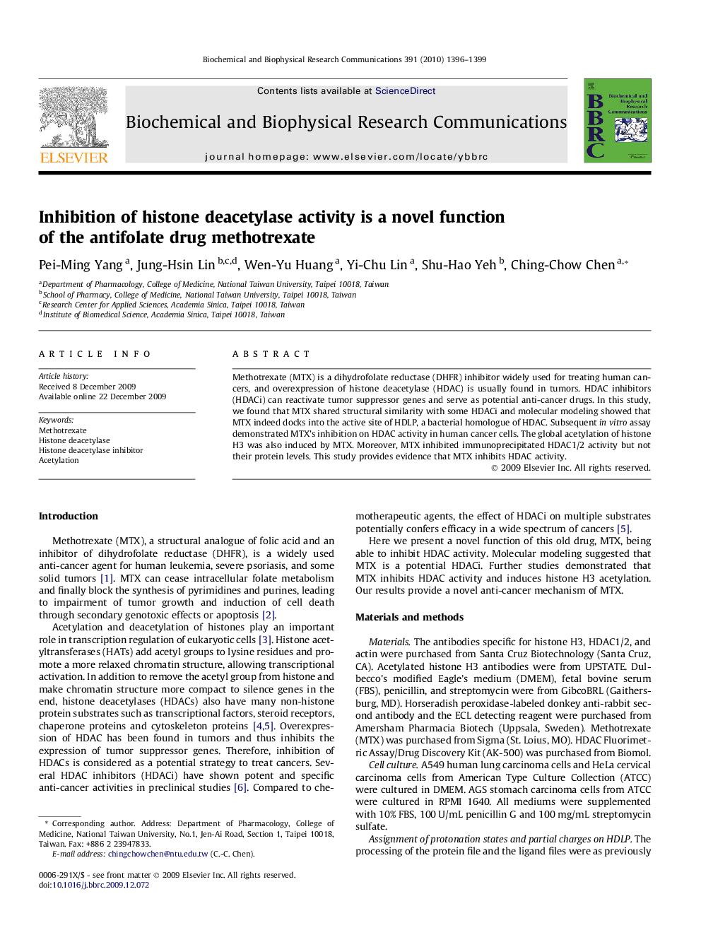 Inhibition of histone deacetylase activity is a novel function of the antifolate drug methotrexate