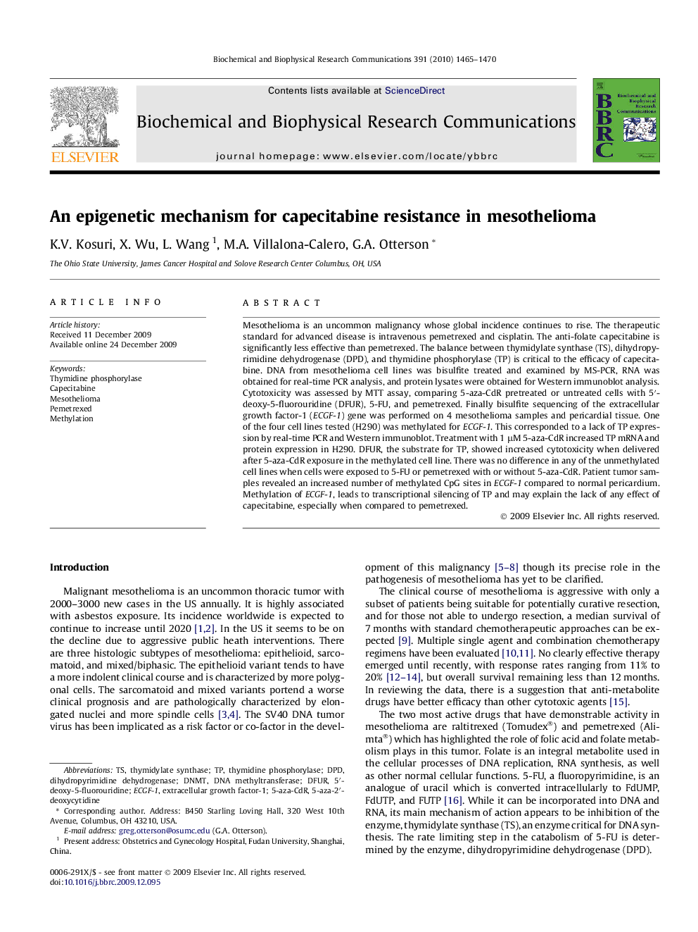 An epigenetic mechanism for capecitabine resistance in mesothelioma