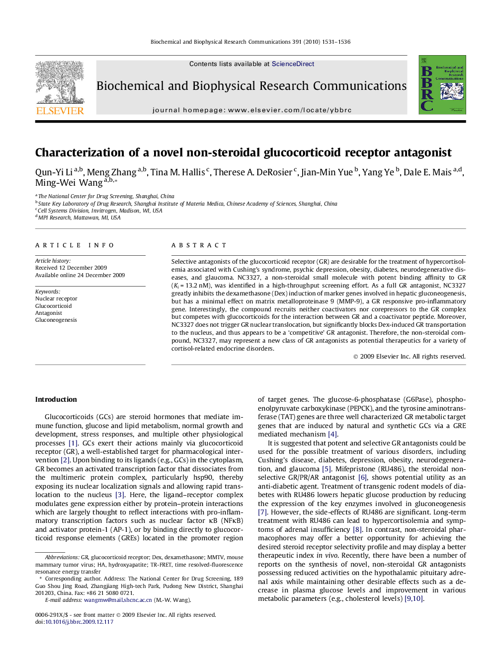 Characterization of a novel non-steroidal glucocorticoid receptor antagonist